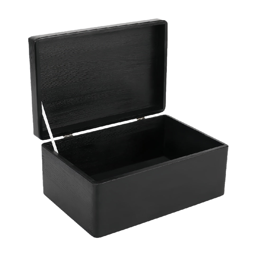 Large Black Wooden Keepsake Box with Hinged Lid and Ribbon Support