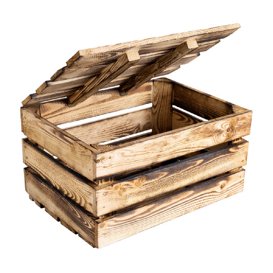 Rustic Torched Wood Slatted Storage Crate with Hinged Lid